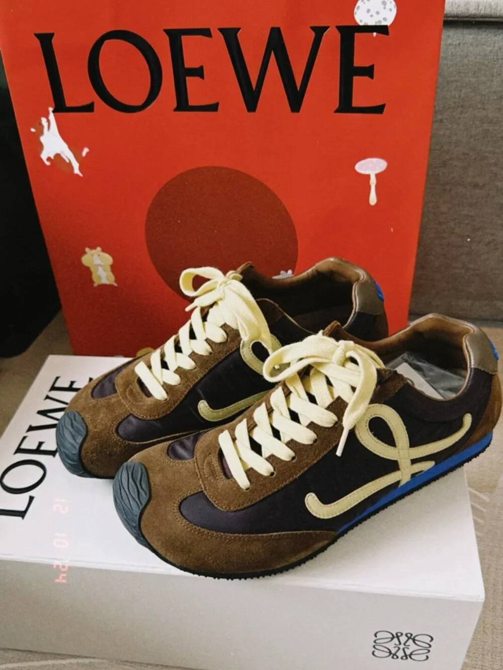 Loewe Flow Runner Brown Suede Sneakers with Blue Sole - NEW